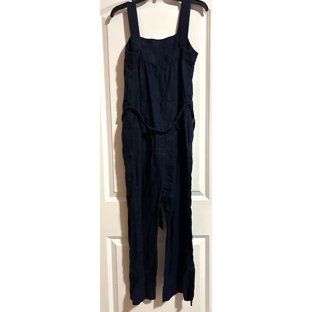 QUINCE Women's 100% European Linen Square Neck Jumpsuit Navy Tie Waist - Picture 6 of 10